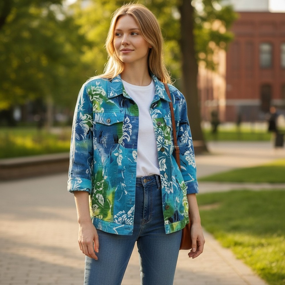 Choices Womens Large Floral Denim Jacket Blue Green Tropical Button Front